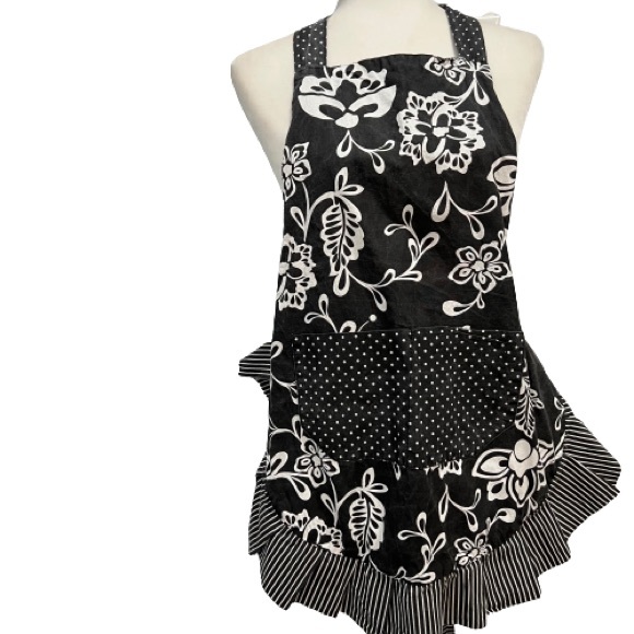 Flirty Ruffly Full Apron Long Sash Tie Black & White Floral Striped Dotted Print - Picture 6 of 6